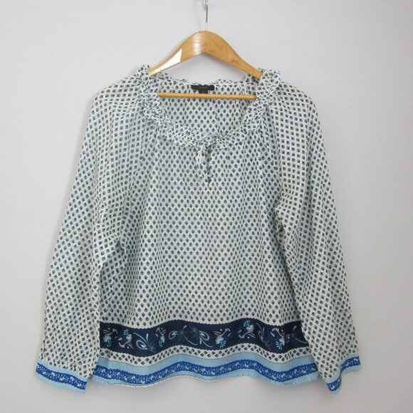 J Crew Womens Large Blue Floral LS Cotton Peasant Provincial Print Shirt Top L - Picture 1 of 13